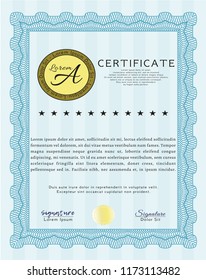 Light blue Certificate diploma or award template. Money design. Vector illustration. With linear background. 