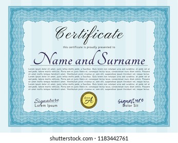 Light blue Certificate diploma or award template. Modern design. With complex linear background. Vector illustration. 