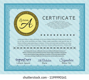 Light blue Certificate diploma or award template. Customizable, Easy to edit and change colors. With complex linear background. Cordial design. 