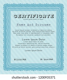 Light blue Certificate diploma or award template. Modern design. Vector illustration. With background. 
