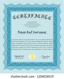 Light blue Certificate diploma or award template. Nice design. Detailed. With great quality guilloche pattern. 