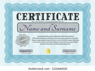 Light blue Certificate diploma or award template. Money design. Printer friendly. Customizable, Easy to edit and change colors. Certificate template.