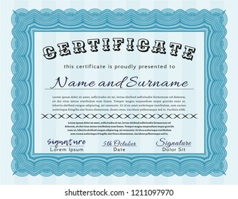 Light blue Certificate diploma or award template. Vector illustration. With great quality guilloche pattern. Money style design. 