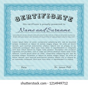 Light blue Certificate diploma or award template. Printer friendly. Money Pattern design. Customizable, Easy to edit and change colors. 