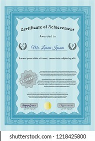 Light blue Certificate diploma or award template. With background. Customizable, Easy to edit and change colors. Retro design. 
