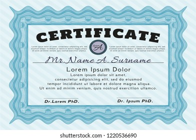 Light blue Certificate diploma or award template. With background. Excellent design. Detailed. 