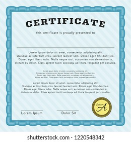 Light blue Certificate diploma or award template. With complex linear background. Detailed. Elegant design. 