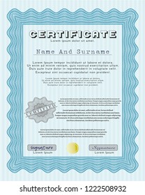 Light blue Certificate diploma or award template. Nice design. Vector illustration. Complex background. 