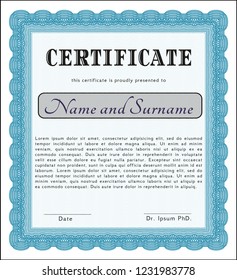 Light blue Certificate diploma or award template. Complex background. Detailed. Good design. 