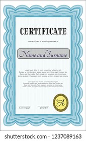 Light blue Certificate diploma or award template. Superior design. Detailed. With great quality guilloche pattern. 
