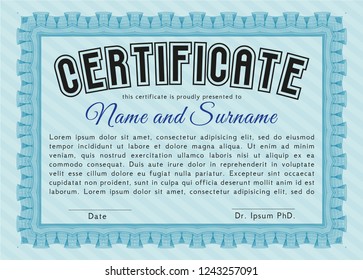 Light blue Certificate diploma or award template. Money design. Vector illustration. With guilloche pattern and background. 