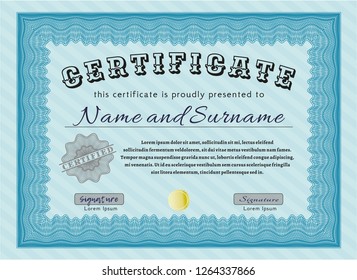 Light blue Certificate diploma or award template. Money design. With guilloche pattern. Customizable, Easy to edit and change colors. 