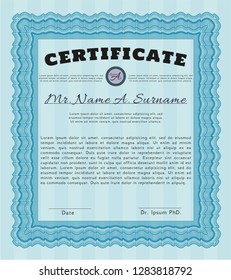 Light blue Certificate diploma or award template. Cordial design. Vector illustration. With guilloche pattern and background. 