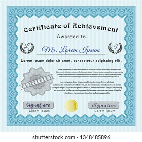 Light blue Certificate diploma or award template. With complex linear background. Vector illustration. Money style design. 