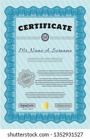 Light blue Certificate diploma or award template. Artistry design. Easy to print. Vector illustration. 