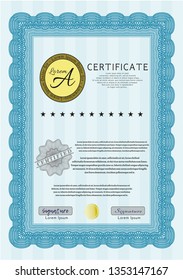 Light blue Certificate diploma or award template. Cordial design. Vector illustration. Easy to print. 