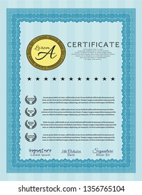 Light blue Certificate diploma or award template. With linear background. Detailed. Sophisticated design. 