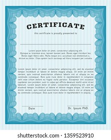 Light blue Certificate diploma or award template. With background. Artistry design. Detailed. 