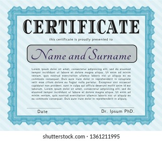 Light blue Certificate diploma or award template. With complex background. Sophisticated design. Customizable, Easy to edit and change colors. 