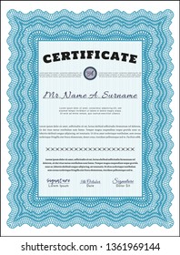 Light blue Certificate diploma or award template. Detailed. With great quality guilloche pattern. Beauty design. 
