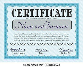 Light blue Certificate diploma or award template. Easy to print. Customizable, Easy to edit and change colors. Lovely design. 