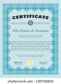Light blue Certificate diploma or award template. Complex background. Money Pattern design. Customizable, Easy to edit and change colors. 