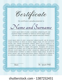 Light blue Certificate diploma or award template. Lovely design. With great quality guilloche pattern. Customizable, Easy to edit and change colors. 