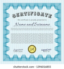 Light blue Certificate diploma or award template. With guilloche pattern. Cordial design. Customizable, Easy to edit and change colors. 