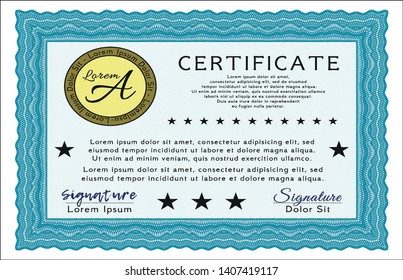 Light blue Certificate diploma or award template. Printer friendly. Detailed. Money style design. 