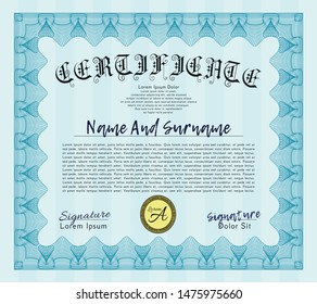 Light blue Certificate diploma or award template. With guilloche pattern. Elegant design. Vector illustration. 