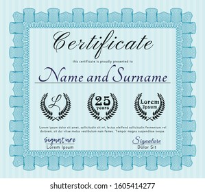 Light blue Certificate diploma or award template. With guilloche pattern. Elegant design. Customizable, Easy to edit and change colors. 