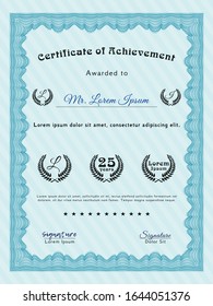 Light blue Certificate diploma or award template. With guilloche pattern. Money Pattern design. Detailed. 