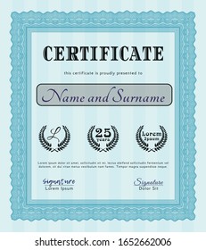 Light blue Certificate diploma or award template. Cordial design. Customizable, Easy to edit and change colors. With great quality guilloche pattern. 