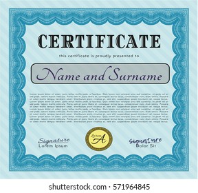 Light blue Certificate diploma or award template. With guilloche pattern. Vector illustration. Perfect design. 