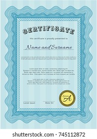 Light blue Certificate diploma or award template. Cordial design. Customizable, Easy to edit and change colors. With complex background. 