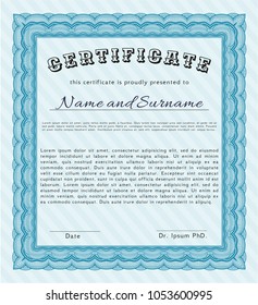 Light blue Certificate or diploma template. Excellent design. Detailed. With great quality guilloche pattern. 