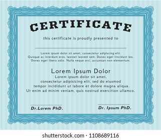 Light blue Certificate or diploma template. With linear background. Detailed. Money design. 
