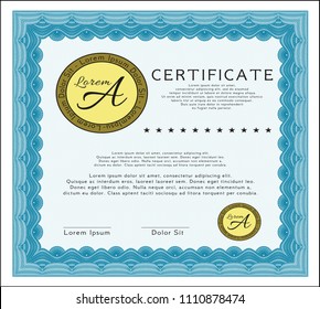  Light blue Certificate or diploma template. Vector illustration. Easy to print. Money style design. 