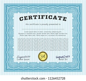  Light blue Certificate or diploma template. Easy to print. Modern design. Detailed. 