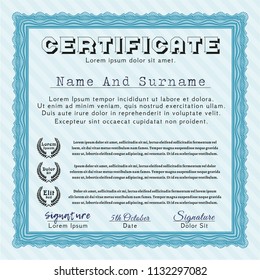 Light blue Certificate or diploma template. Vector illustration. With great quality guilloche pattern. Artistry design. 