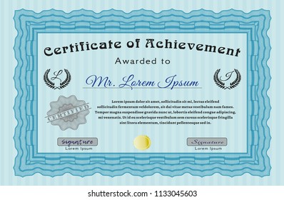 Light blue Certificate or diploma template. Vector illustration. With complex background. Money Pattern. 