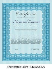Light blue Certificate or diploma template. With complex background. Vector illustration. Good design. 