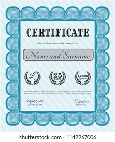Light blue Certificate or diploma template. With background. Vector illustration. Lovely design. 