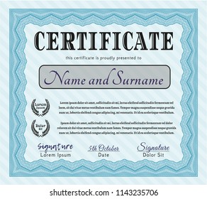 Light blue Certificate or diploma template. Customizable, Easy to edit and change colors. With guilloche pattern and background. Perfect design. 