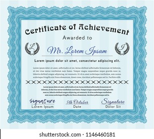 Light blue Certificate or diploma template. Artistry design. Vector illustration. With complex background. 