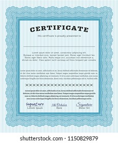 Light blue Certificate or diploma template. With guilloche pattern and background. Customizable, Easy to edit and change colors. Modern design. 