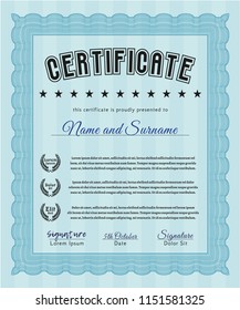 Light blue Certificate or diploma template. Cordial design. Vector illustration. Printer friendly. 
