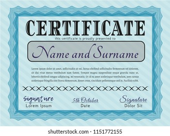 Light blue Certificate or diploma template. Good design. With great quality guilloche pattern. Customizable, Easy to edit and change colors. 