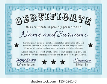 Light blue Certificate or diploma template. Vector illustration. Easy to print. Artistry design. 