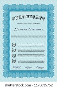 Light blue Certificate or diploma template. Good design. Vector illustration. Easy to print. 